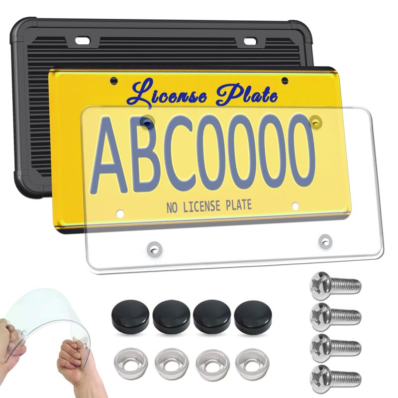 ZXFOOG License Plate Frame Cover Combo- Clear Flat Plate Cover & Black Silicone Car Tag Holder, Unbreakable Novelty Protector Fit Standard US Front or Rear Plate, 1 Pack with Mount Kit- Screws Caps - Image 1
